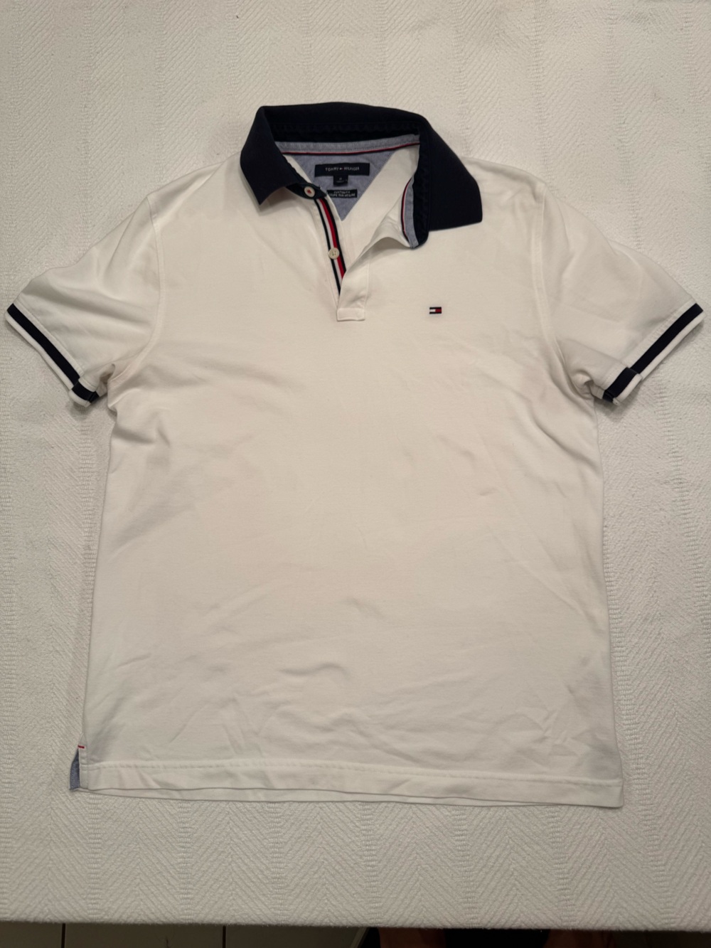Tommy Hilfiger White Polo with Navy Stripe Accents